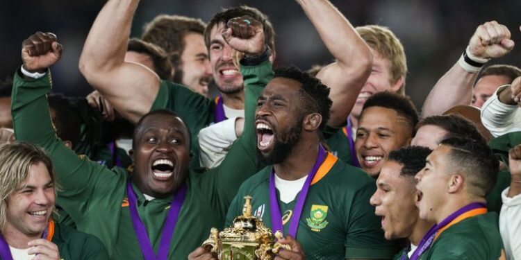 Les Sud-Africains célèbrent la victoire écrasante des Springboks contre l'Angleterre