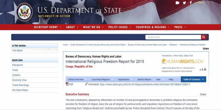 عرض لتقرير الخارجية الأمريكية حول “الحالة الدينية” في الكونغو 2015م