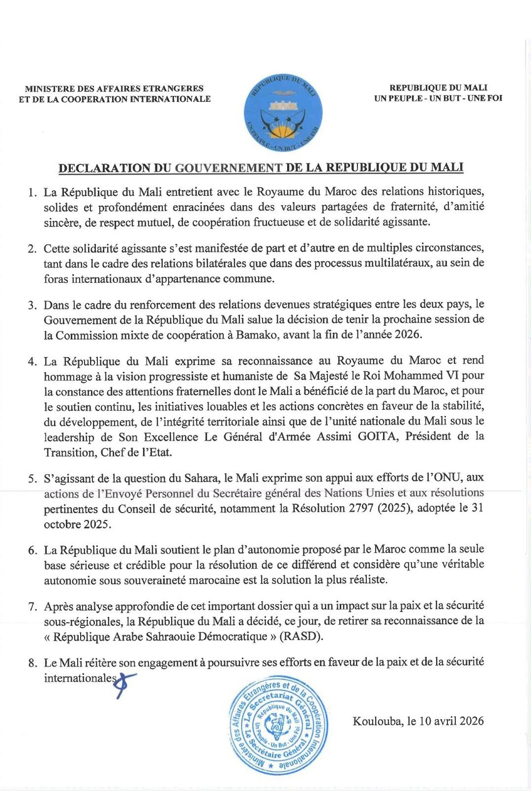 مالي تدعم خطة المغرب للحكم الذاتي في الصحراء الغربية