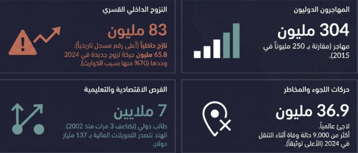 (شكل رقم 1)،المشهد العالمي تسارع وتيرة التنقل البشري حتى منتصف 2024Source: UN Migration, “World Migration Report 2026”, (Geneva: International Organization for Migration “IOM”, May 2026).