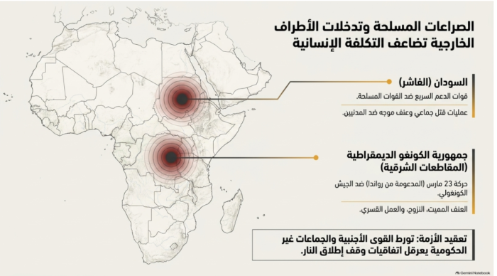 (شكل 4): الصراعات المسلحة تفاقم الانتهاكات الإنسانية (المصدر: بتصرف، استناداً إلى تقرير الحرية العالمي 2026م)