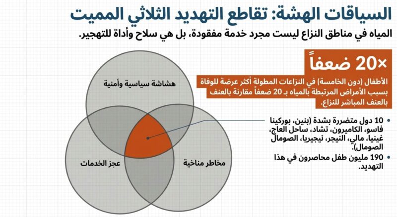 شكل رقم (6)تقاطع التهديدات: كيف تضاعف الهشاشة والمناخ وعجز الخدمات أزمات الأطفال المرتبطة بالمياه والصرف الصحي والنظافة الصحية؟ المصدر: تم توليد الشكل باستخدام أداة Gemini Notebook، بحسب النسخة الإنجليزية لتقرير حالة أطفال إفريقيا لعام 2026م