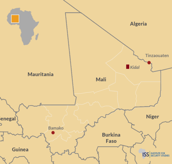 موقع مدينة "كيدال" في إقليم أزواد شمالي مالي ( Source: Hassane Koné, Algeria-AES diplomatic crisis calls for swift African Union mediation, Institute for Security Studies, April 2025, at: https://h1.nu/1FAJs